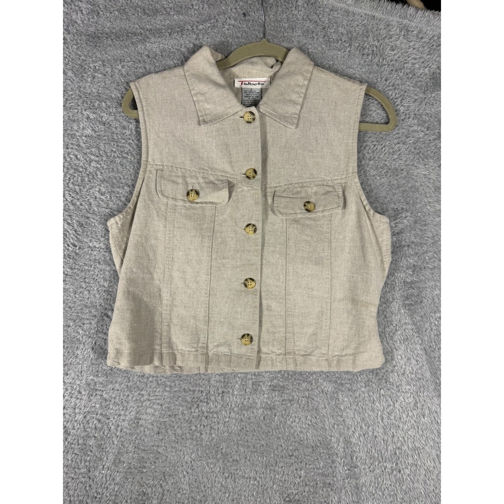 Talbots Linen Vest Womens‎ Small Beige Good Button Front Pockets Coastal Safari